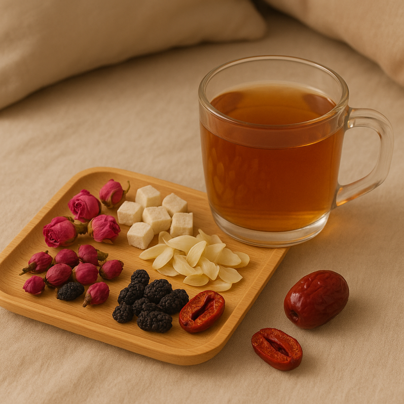 poria, lily, mulberry and red dates tea